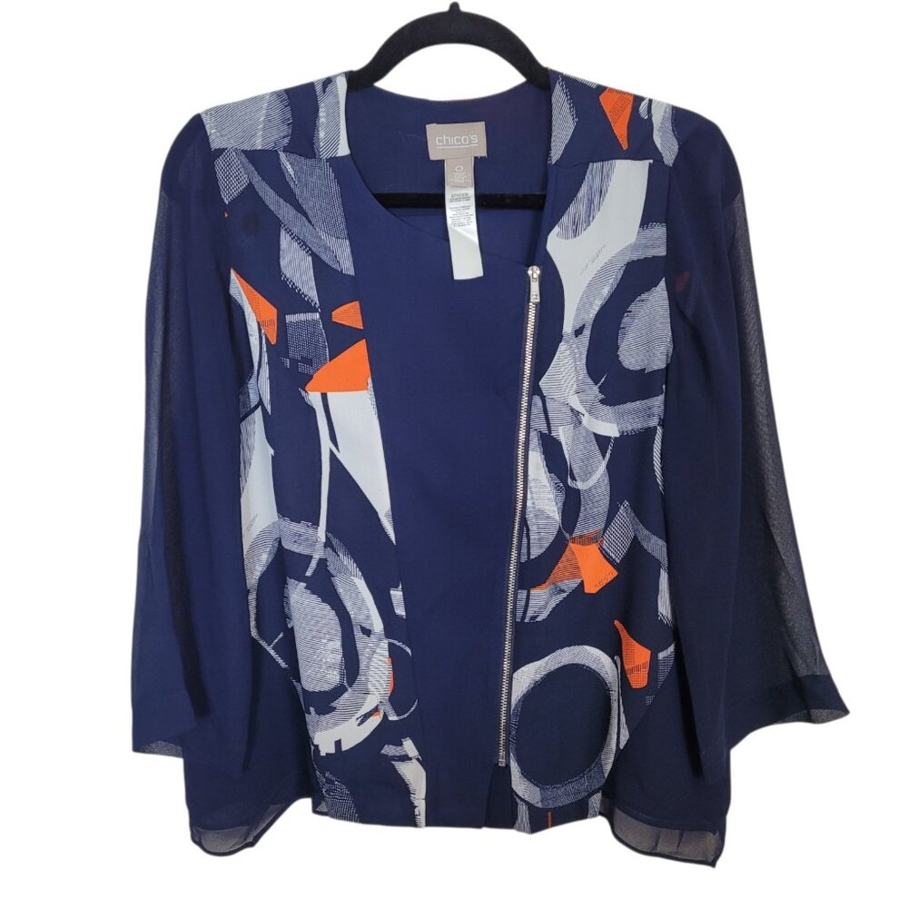 Chico's Abstract Graphic Print Moto Zip Blouse Navy Blue Sz 0 Small Bus/Casual